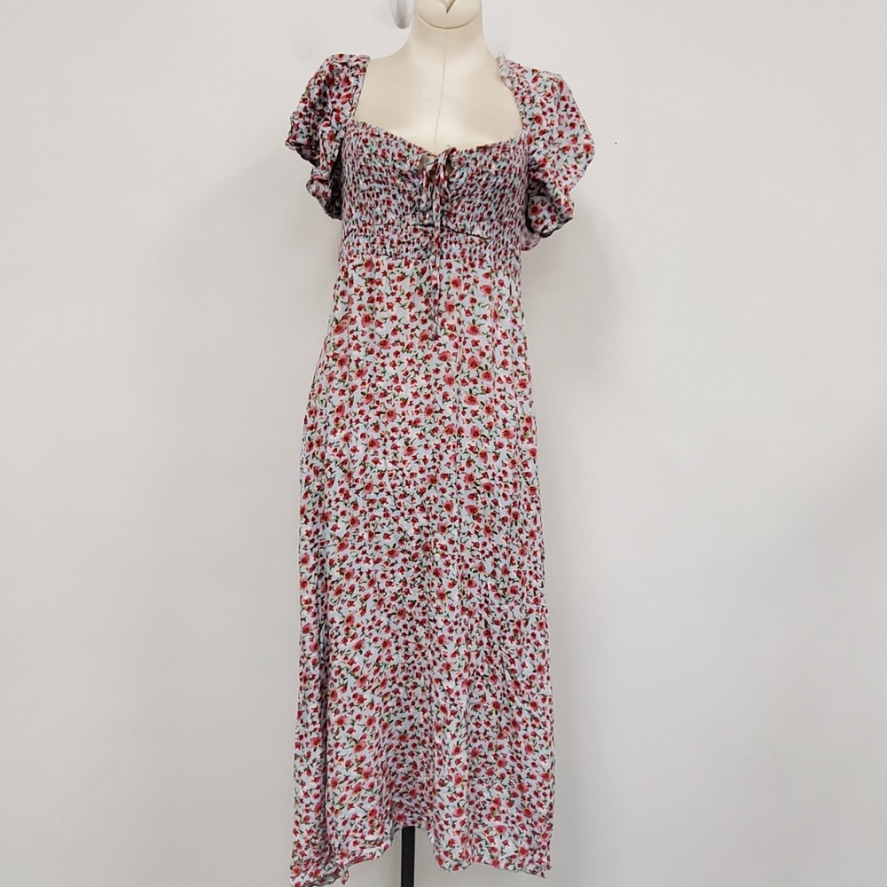 Zara Floral Smocked Midi Dress Size L Blue Red Puff Sleeve Market Garden Bow